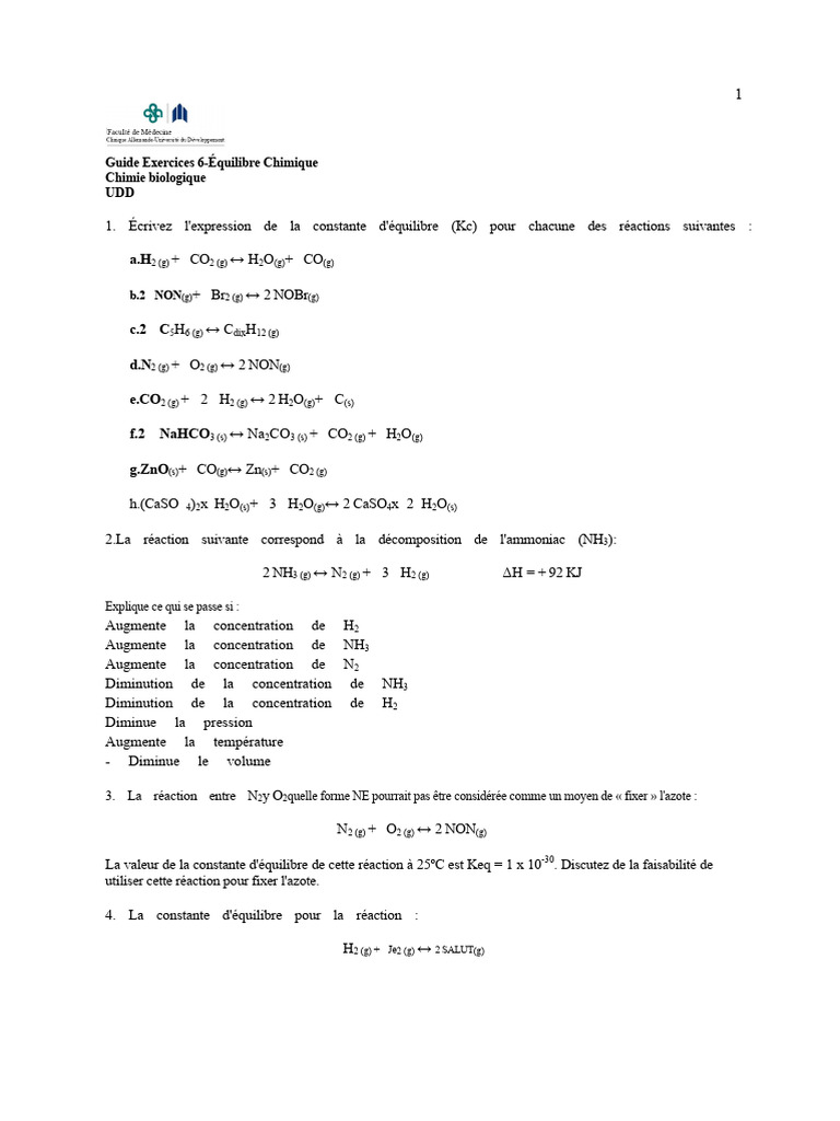 Guide sur l'Équilibre Chimique en Chimie | PDF | Équilibre chimique ...