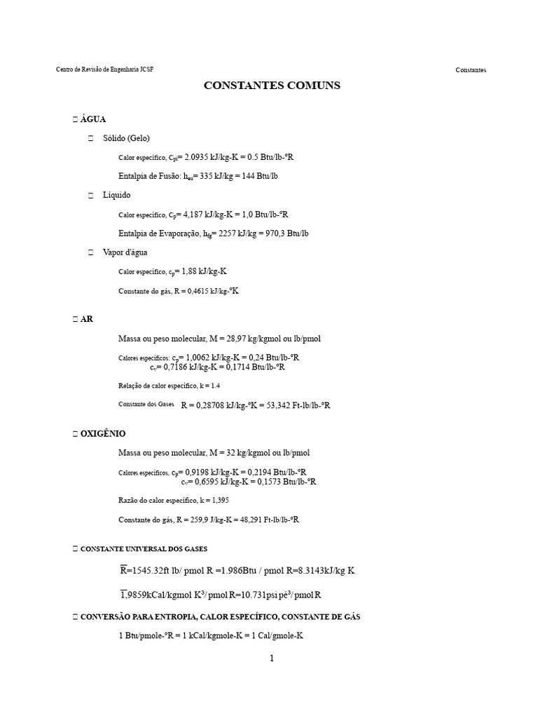 Constantes Comuns | PDF | Calor | Caloria