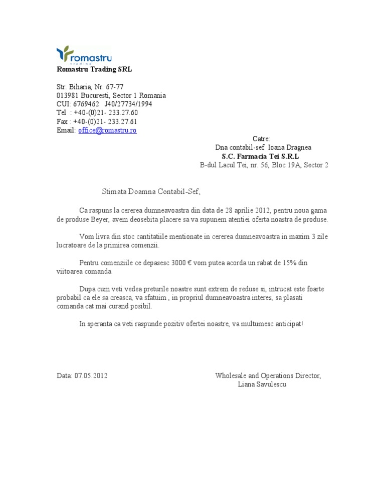 scrisoare comerciala