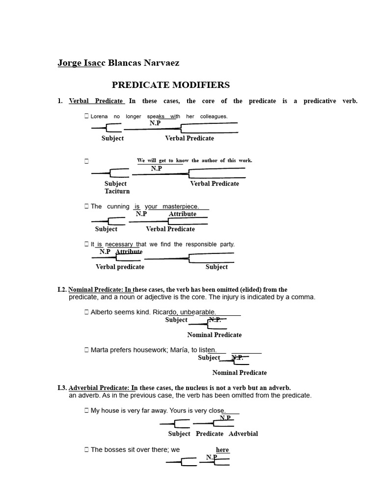 MODIFIERS OF THE PREDICATE AND SUBJECT 4TH Jorge Blancas Narvaez | PDF ...