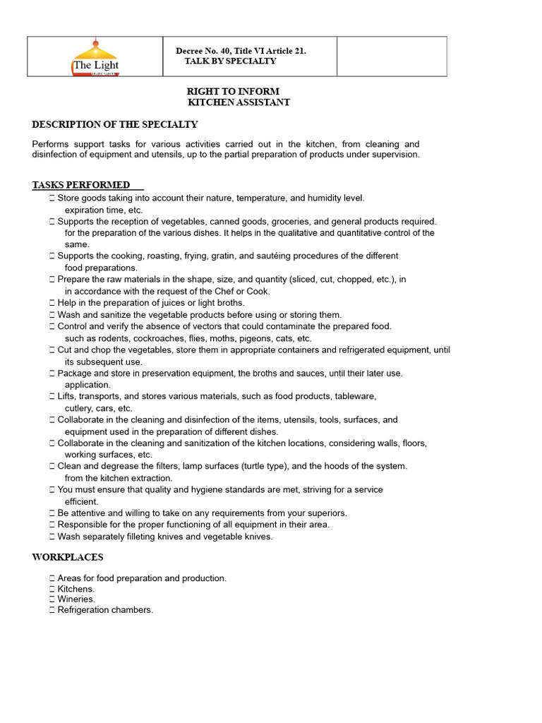 Right To Know Kitchen Assistant | PDF | Hygiene | Kitchen Utensil