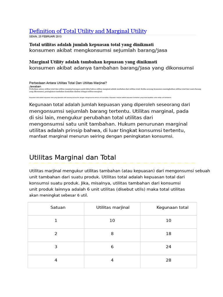 Pengertian Total Utility dan Marginal Utility | PDF