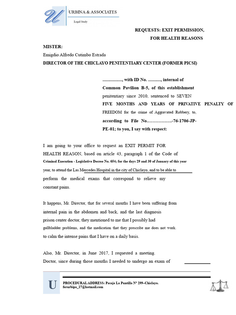 Health Exit Permit Request for Inmate | PDF | Prison | Criminal Law