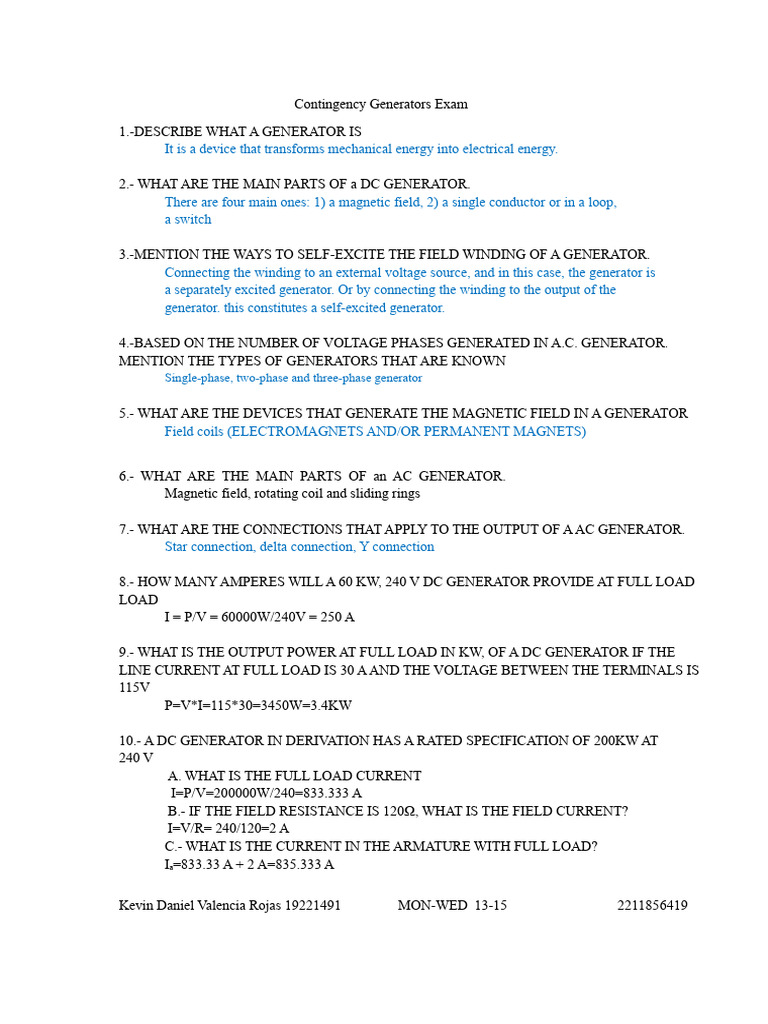 Contingency Generators Exam | PDF | Electric Generator | Alternating ...