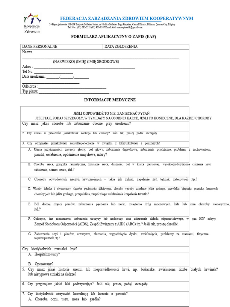 Formularze Zdrowotne Coop | PDF