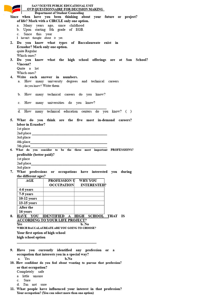 Decision Making Questionnaire | PDF | Profession