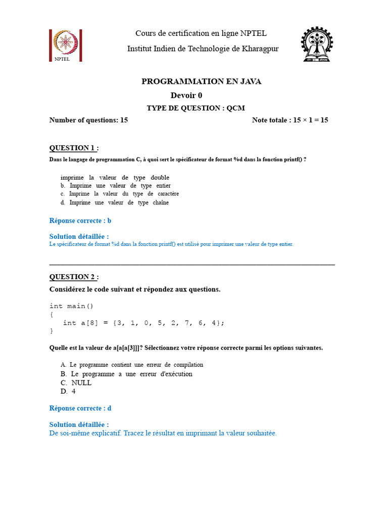QCM de Programmation en Java - NPTEL | PDF | Programmation informatique ...