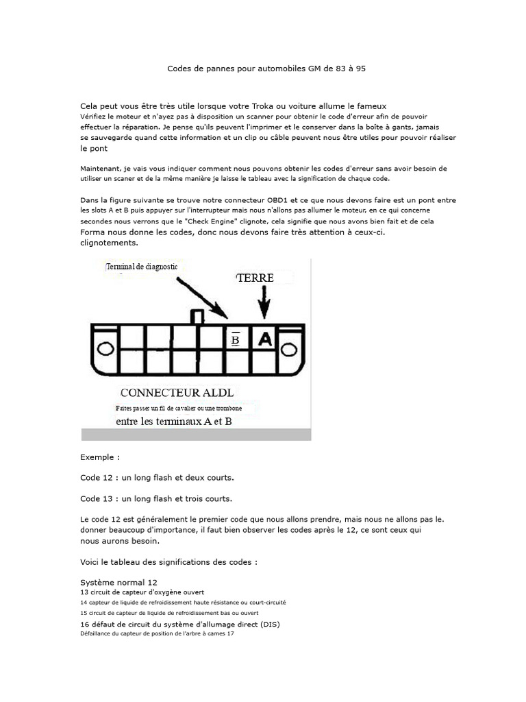 Codes de Pannes Pour Automobiles GM de 83 À 95 OBD1 | PDF | Allumage ...