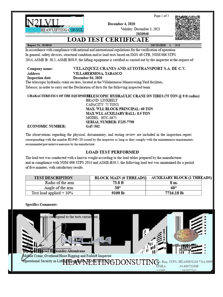 Certificate Telescopic Hydraulic Crane On Tires - Gavsa Gav-562. | PDF ...