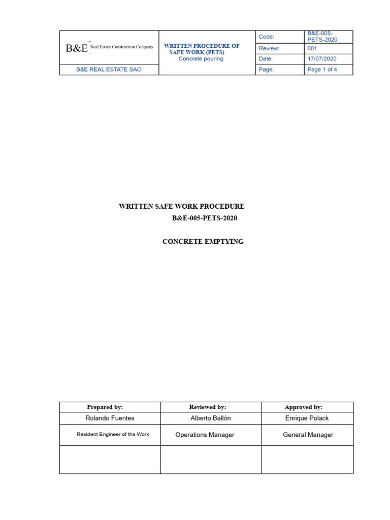 Safe Work Procedure For Concrete Pouring | PDF | Concrete | Safety