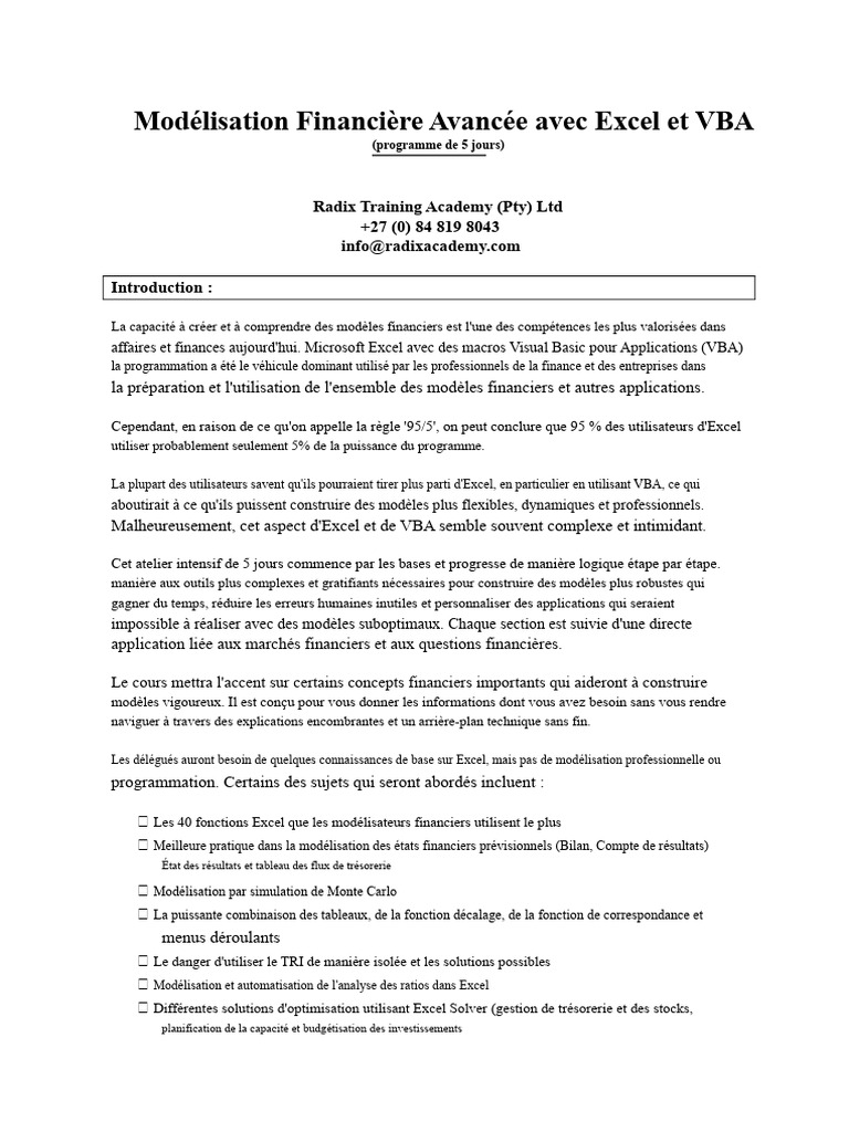 Modélisation Financière Excel & VBA 5 Jours | PDF | Microsoft Excel ...