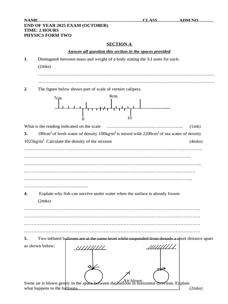 Physics Form Two End of Year Exam 2025 | PDF | Waves | Physics