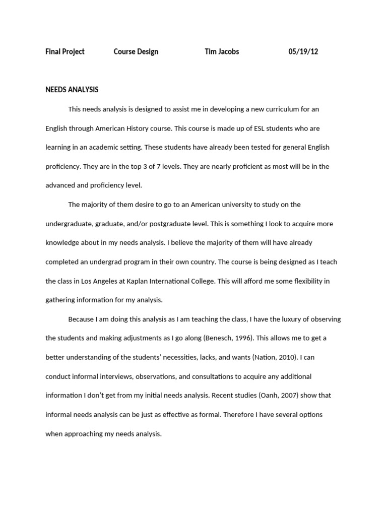 Needs Analysis for ESL American History Course | PDF | English As A ...