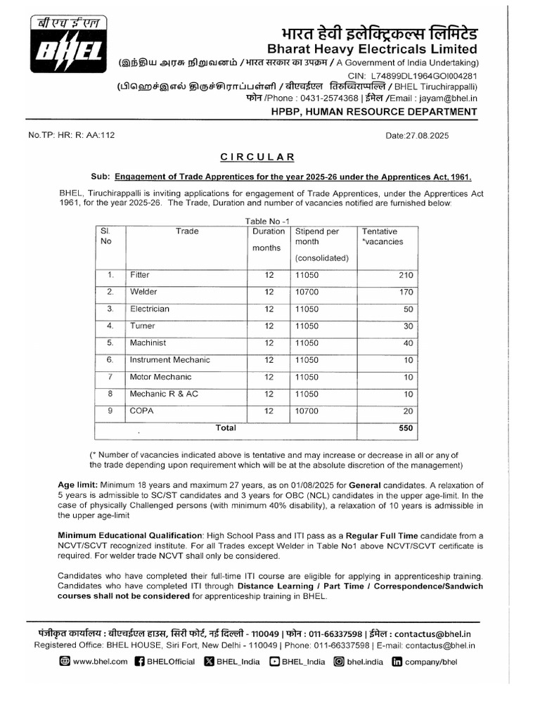 BHEL Apprentice Notification 2025 Trade Apprentice | PDF
