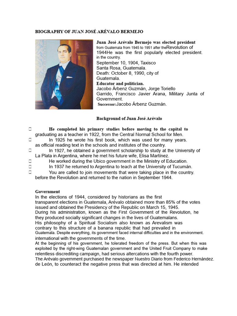 Biography of Juan José Arévalo Bermejo | PDF | Guatemala | Government