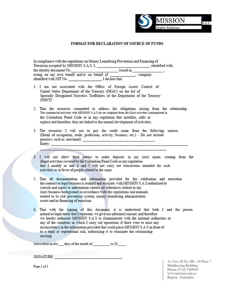 Format For Declaration of Source of Funds | PDF | Office Of Foreign ...