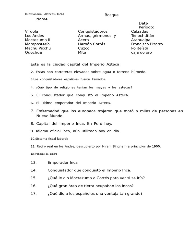 Cuestionario sobre Aztecas e Incas | PDF | Imperio Inca | Conquistador