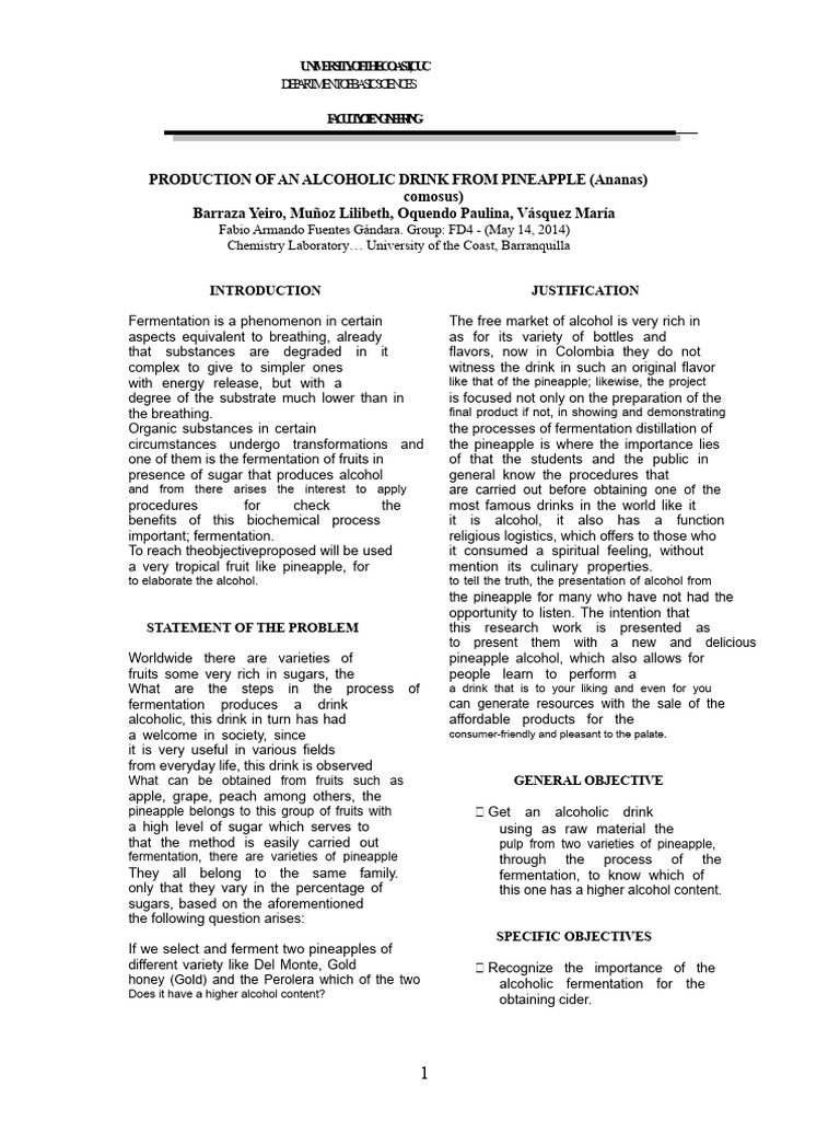 Pineapple Alcohol Production Process | PDF | Distillation | Alcoholic ...