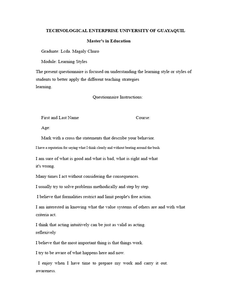 Learning Styles Questionnaire for Students | PDF | Learning Styles ...
