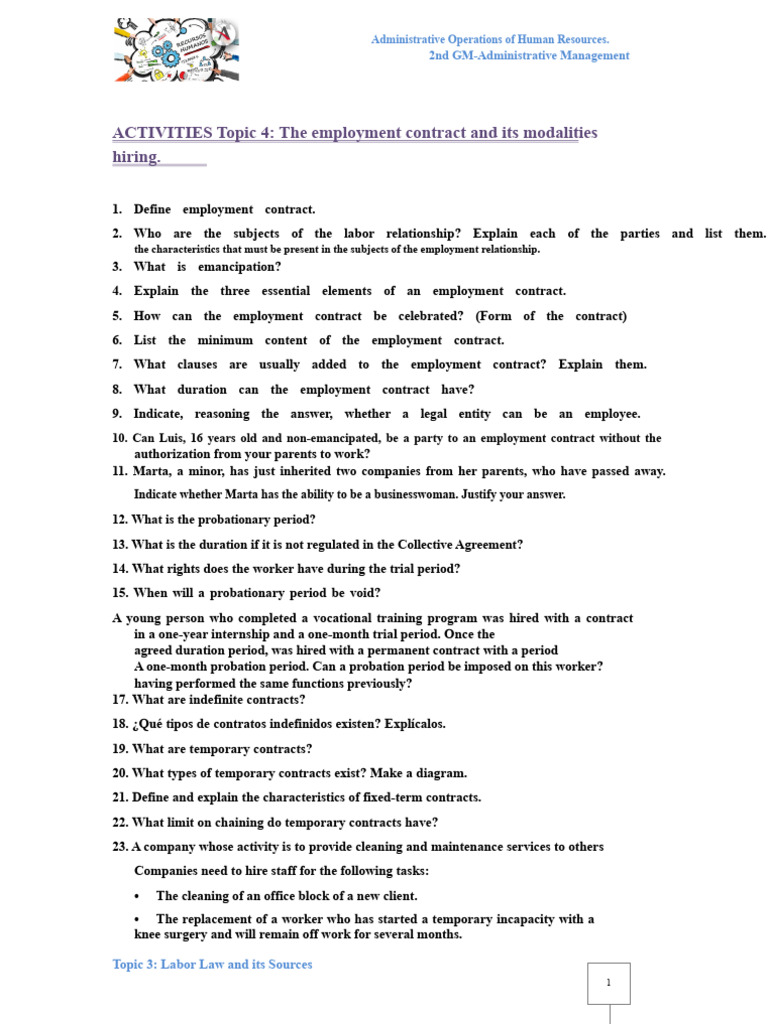 ACTIVITIES T4 - The Employment Contract and The Forms of Hiring | PDF ...