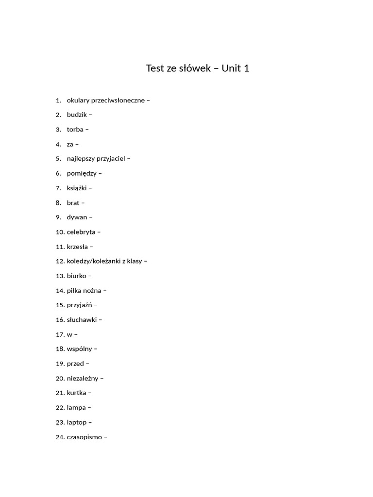 Test Ze Słówek Z 1 Działu | PDF
