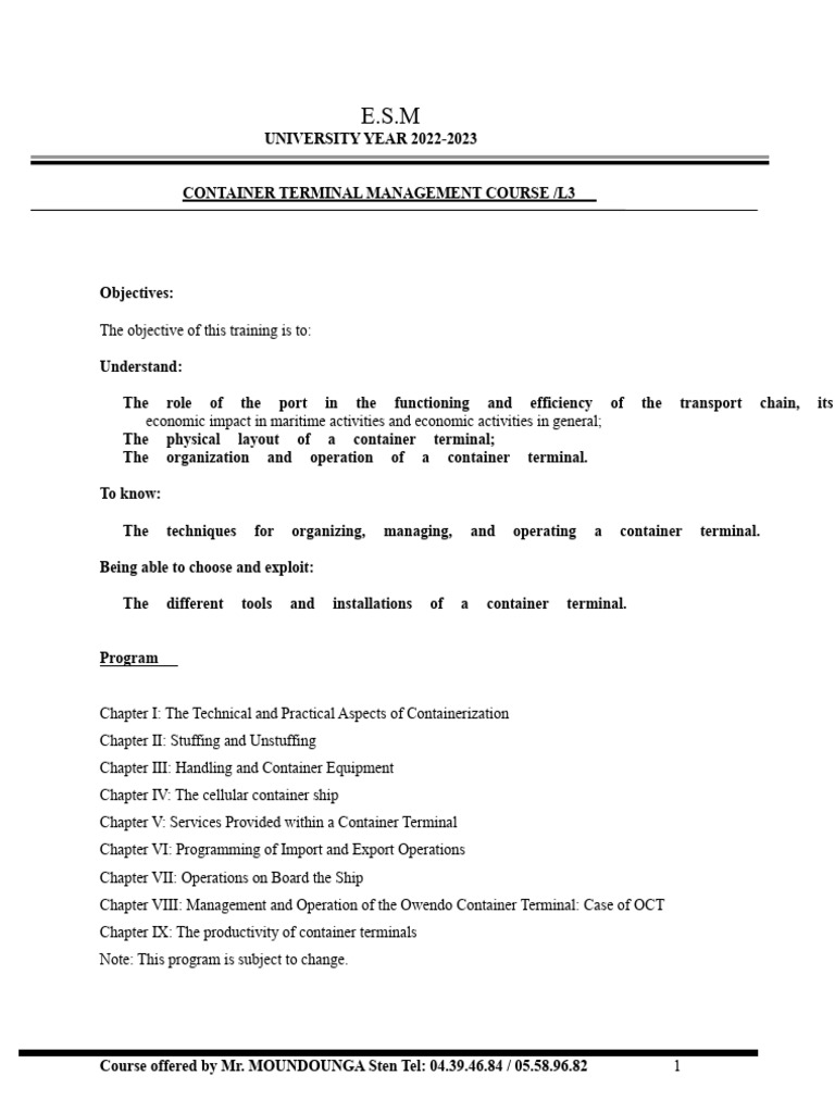 ESM Container Terminal Management Course | PDF | Containerization | Ships