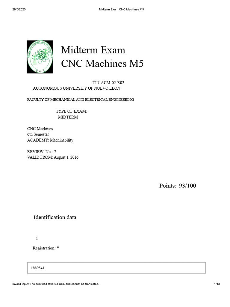 Exam Mid Course CNC Machines M5 1889541 PDF | PDF | Production And ...