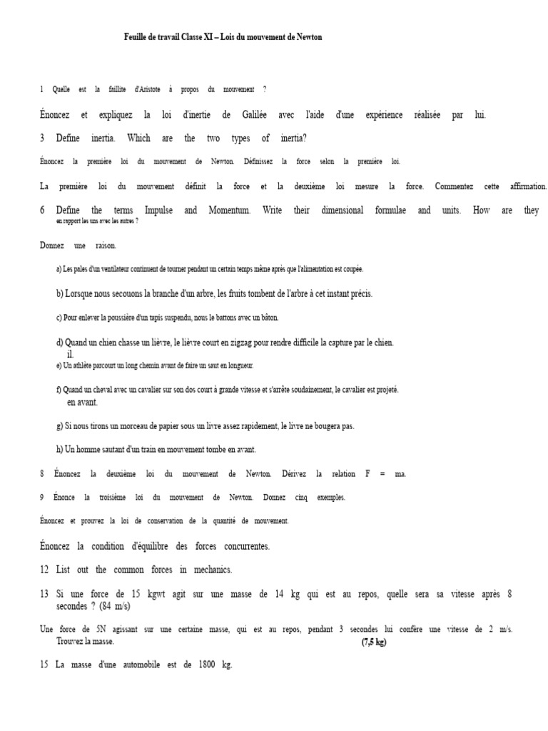 Lois du mouvement de Newton en classe XI | PDF | Lois du mouvement de ...