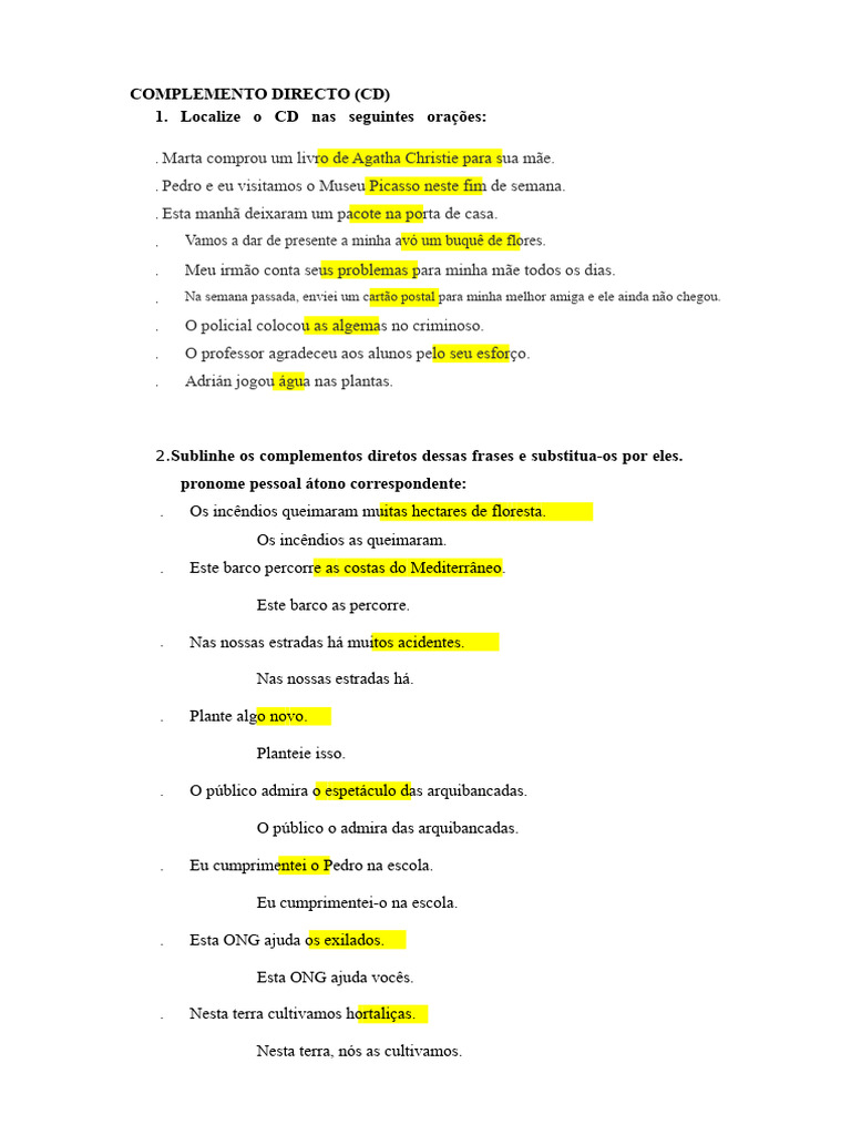 Identificação de Complementos Diretos e Indiretos | PDF