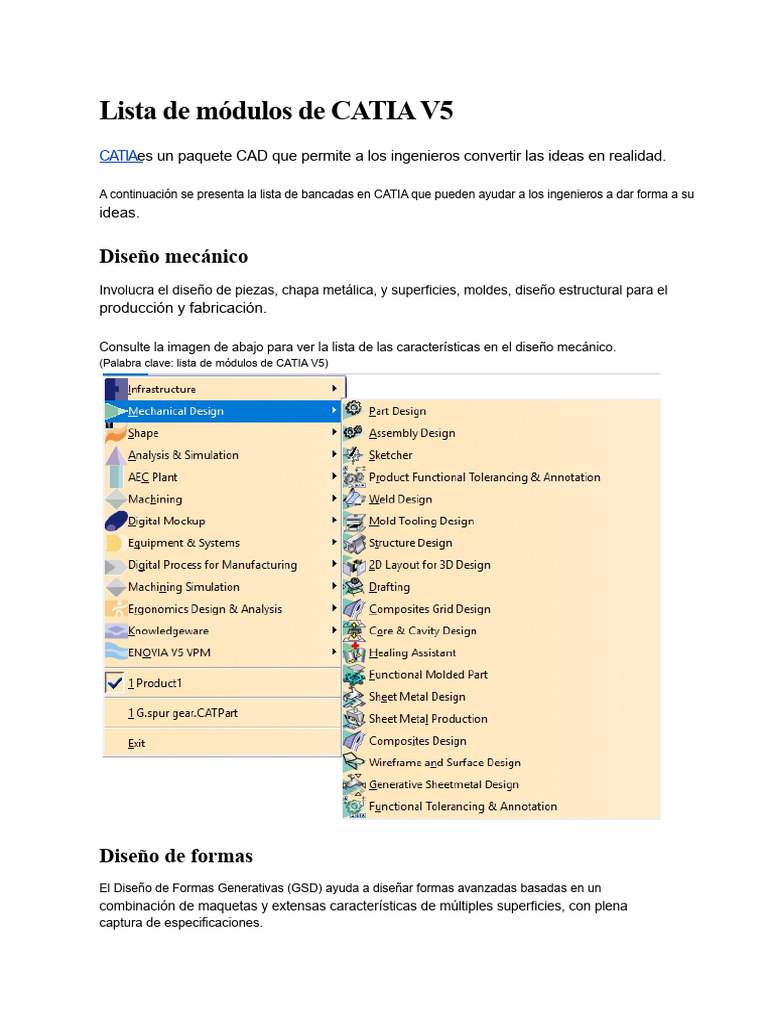 Módulos de CATIA V5 para Ingeniería | PDF | Diseño | Ingeniería