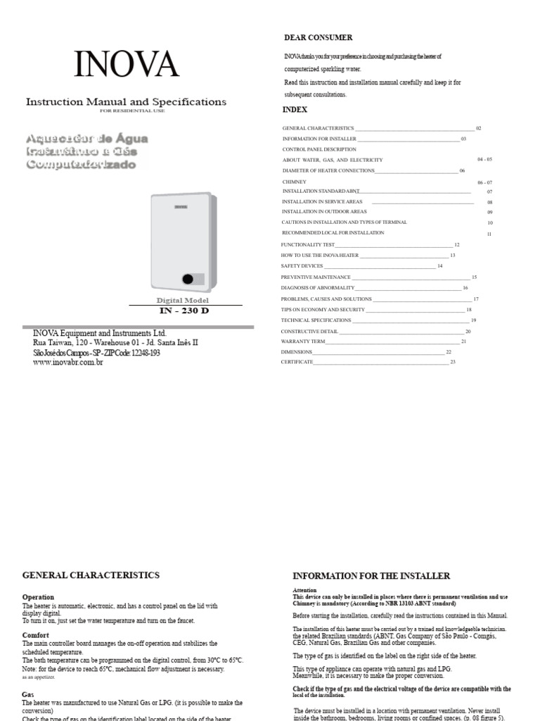 INOVA Digital Water Heater Manual | PDF | Tap (Valve) | Mains Electricity
