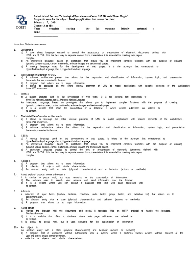 Diagnostic Exam for Web Development Skills | PDF | Html | World Wide Web