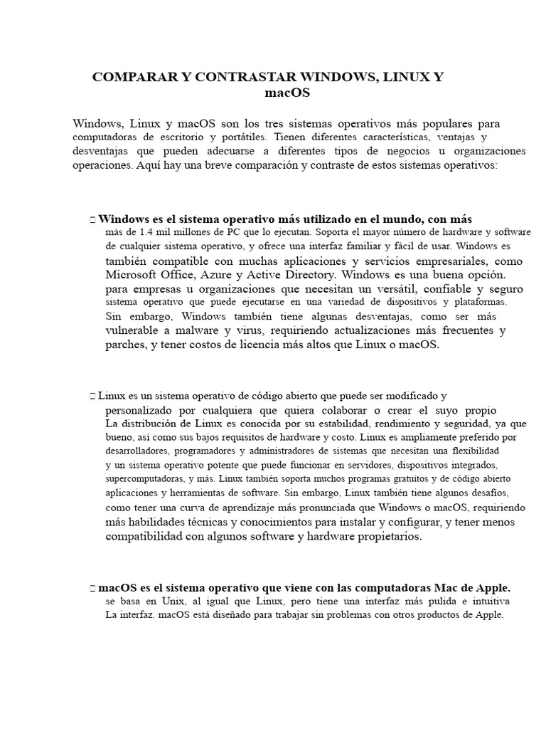 Comparativa de Sistemas Operativos: macOS, Linux y Windows | PDF ...