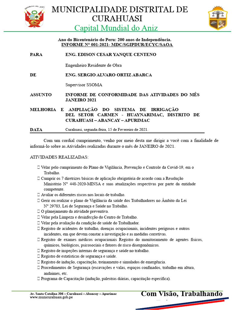 INF 001 2021 Relatório de Atividades Do Supervisor Ssoma | PDF