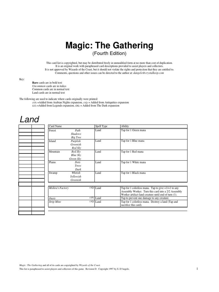 Magic the Gathering 4th Edition Card List | Leisure