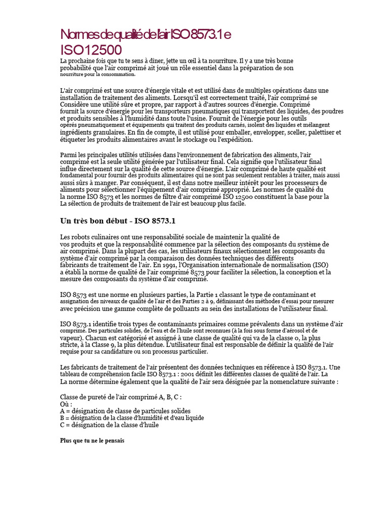 Normes ISO 8573.1 pour l'air comprimé | PDF | Filtration | Adsorption