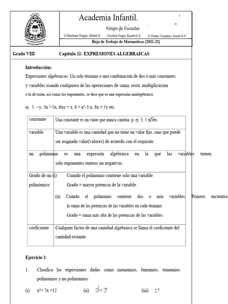 Hoja de Trabajo de Expresiones Algebraicas | PDF | Polinomio | Variable ...