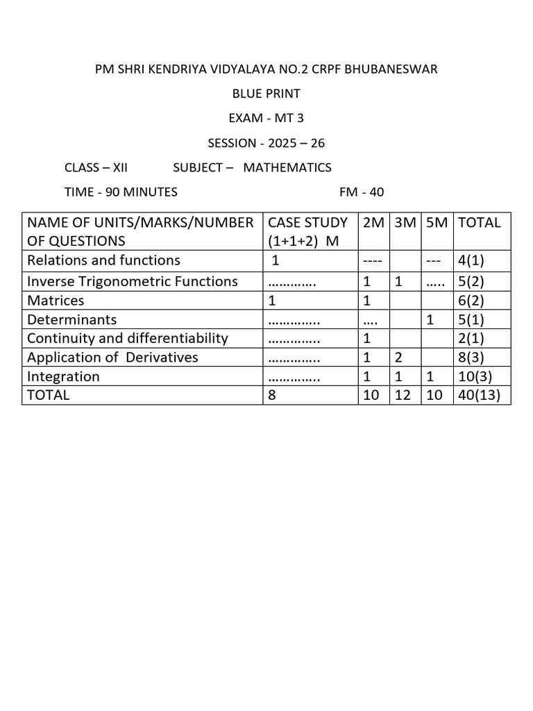 Blue Print 12 Maths MT 3 | PDF