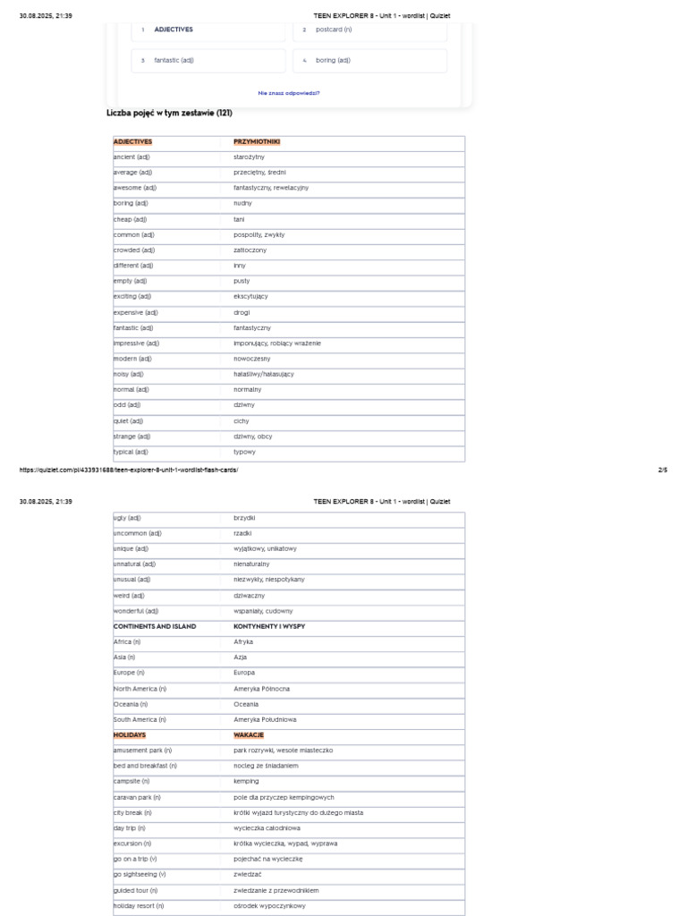 TEEN EXPLORER 8 - Unit 1 - Wordlist - Quizlet | PDF