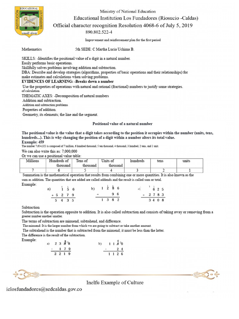 Improvement and Reinforcement Plan Mathematics 5 First Period | PDF ...