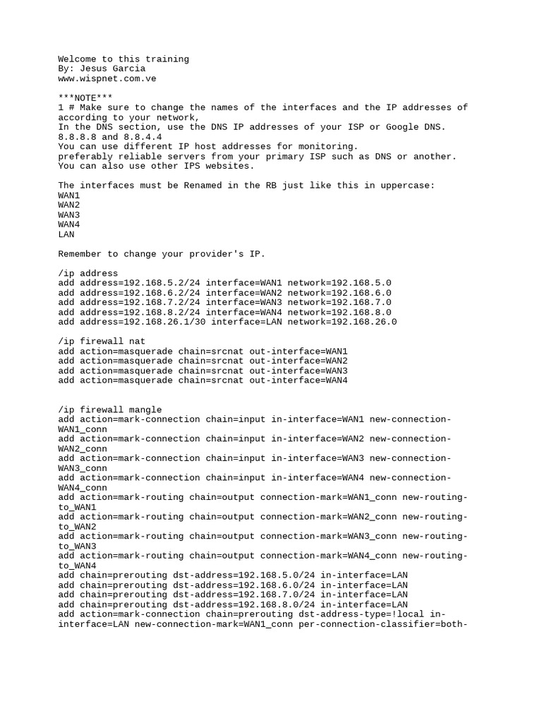 Mikrotik Multi-WAN Configuration Guide | PDF | Ip Address | Firewall ...