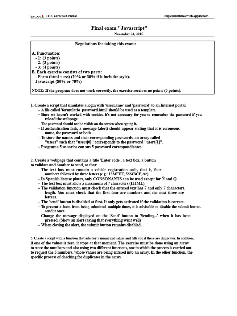 Javascript Final Exam Guidelines | PDF | Java Script | Password