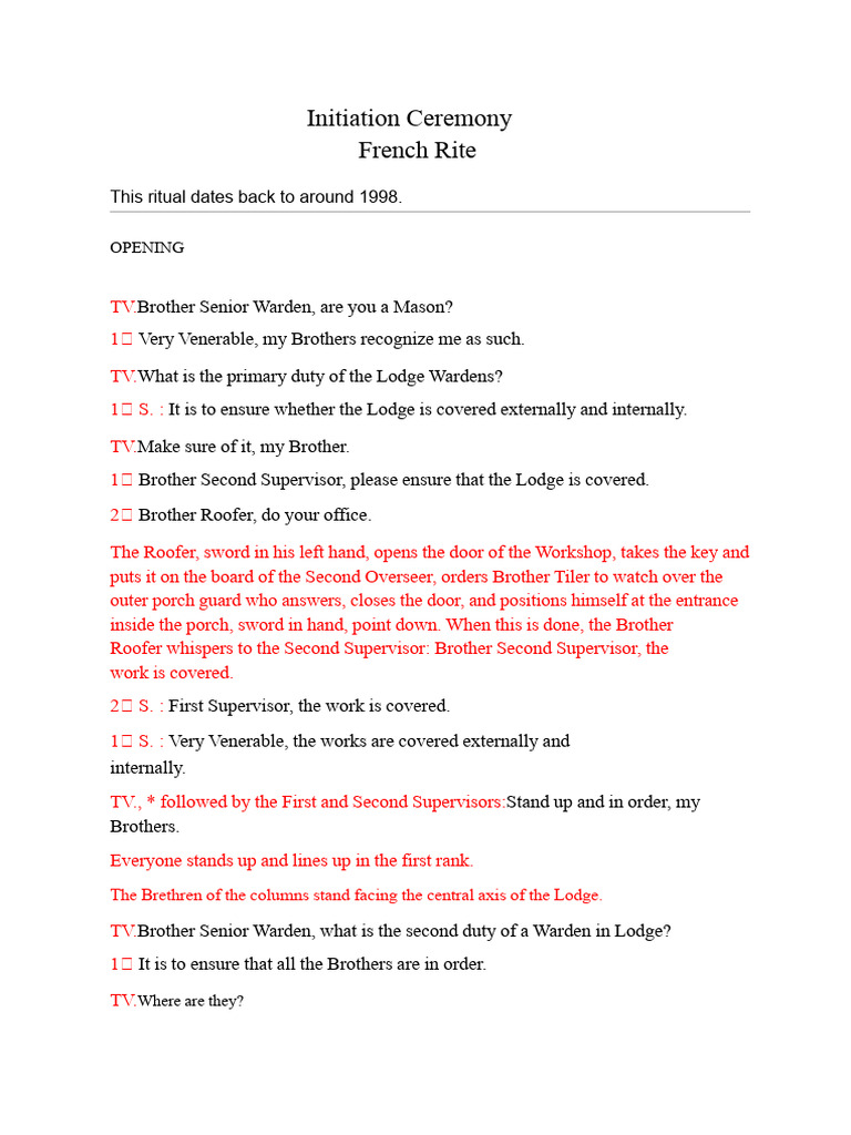 Freemason Apprentice Initiation Ritual | PDF | Masonic Lodge | Freemasonry