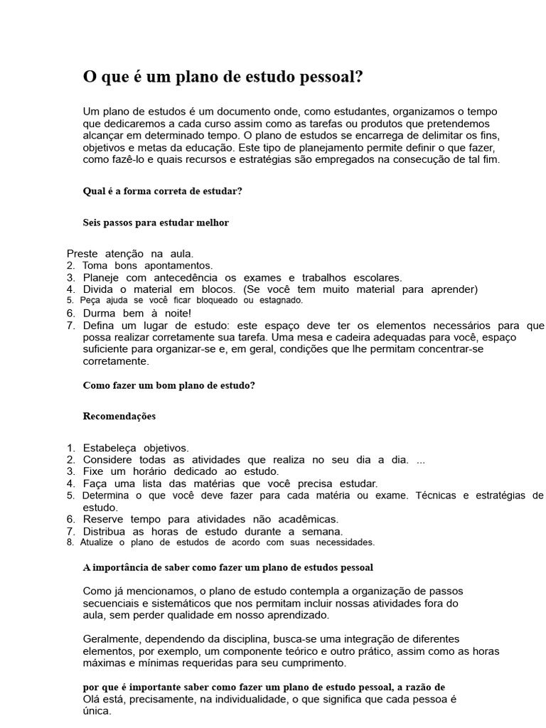 O Que É Um Plano de Estudo Pessoal | PDF | Aprendizado | Tempo
