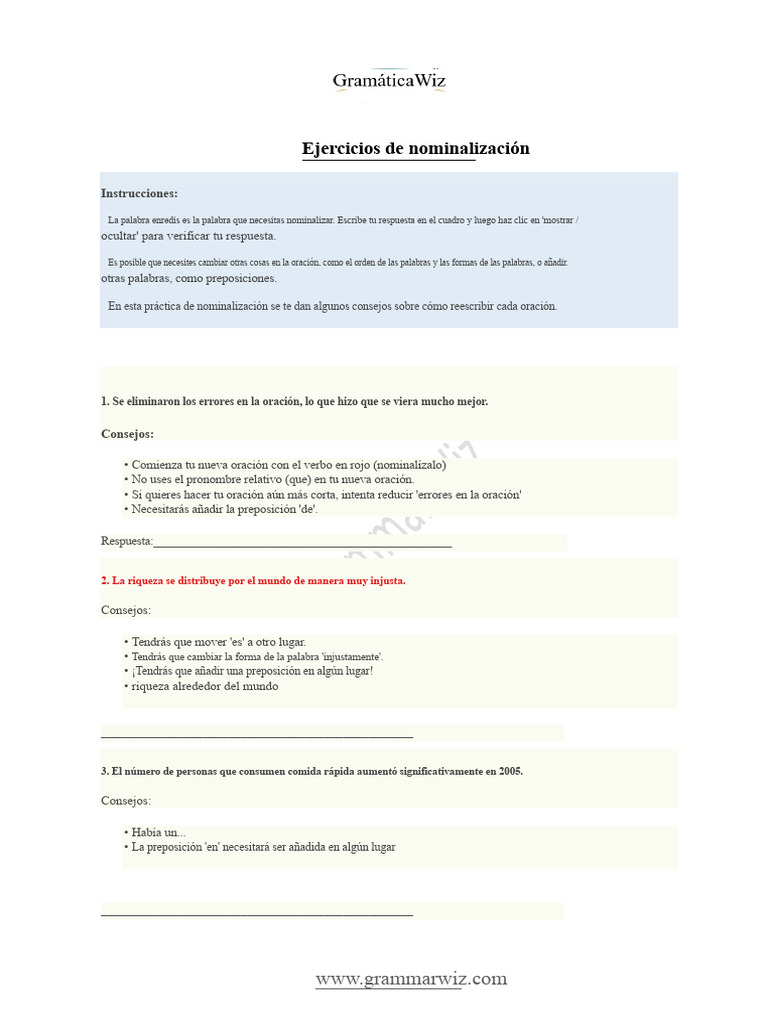 Ejercicios de Nominalización en Español | PDF | Sintaxis | Lingüística