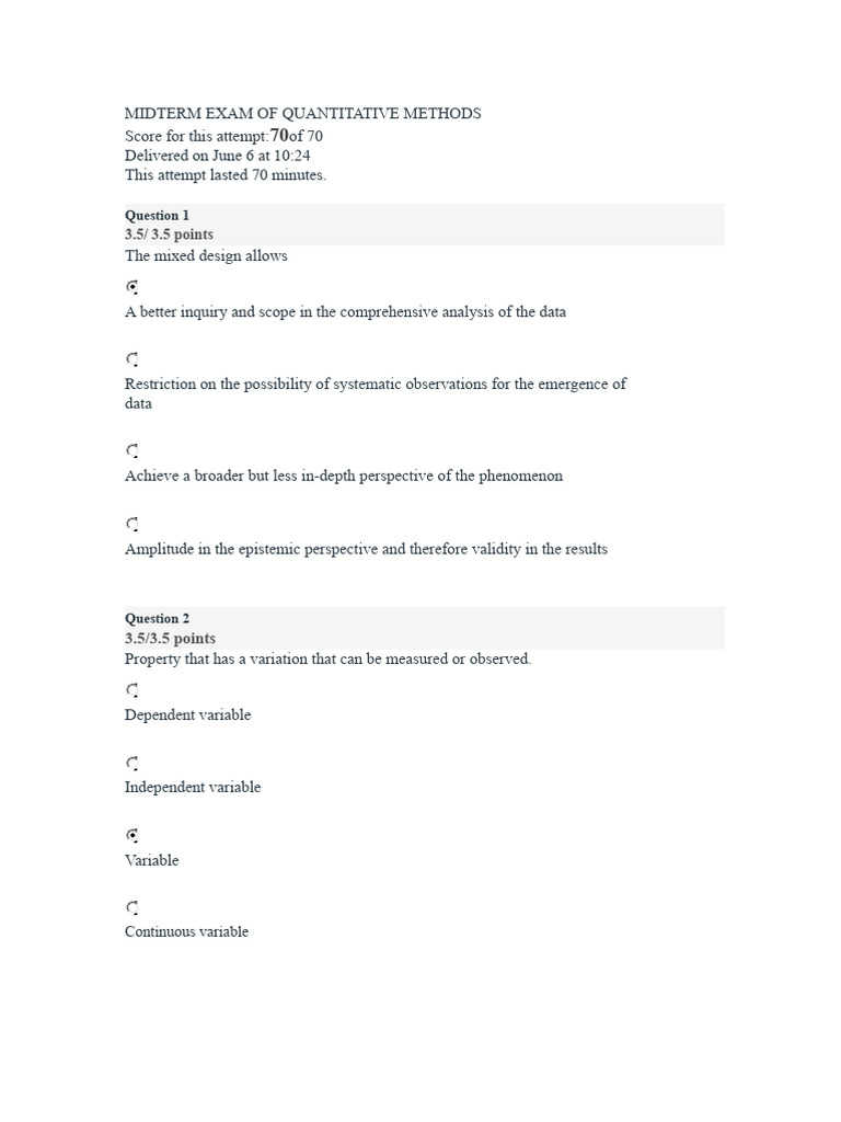 Quantitative Methods Midterm Exam Results | PDF | Sampling (Statistics ...