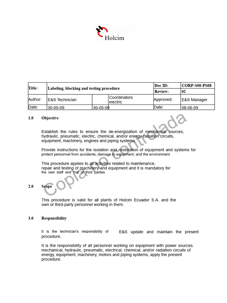 Lockout Tagout Procedure for Safety | PDF | Switch | Occupational ...