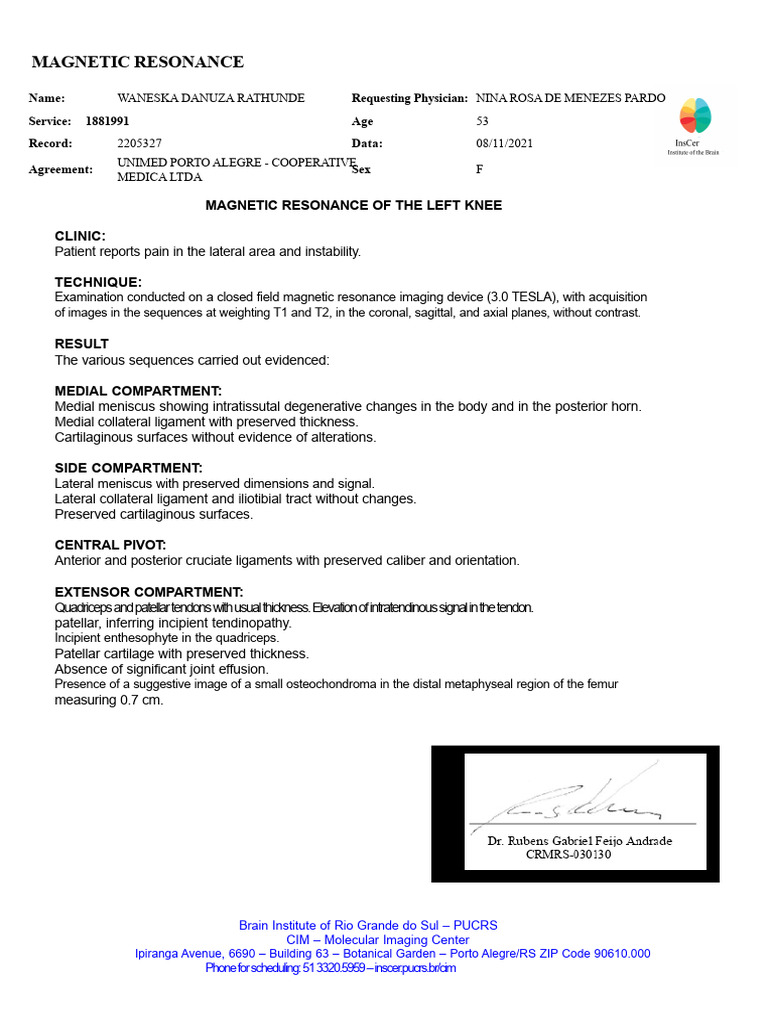 Magnetic Resonance of The Left Knee Clinic | PDF | Knee | Lower Limb ...