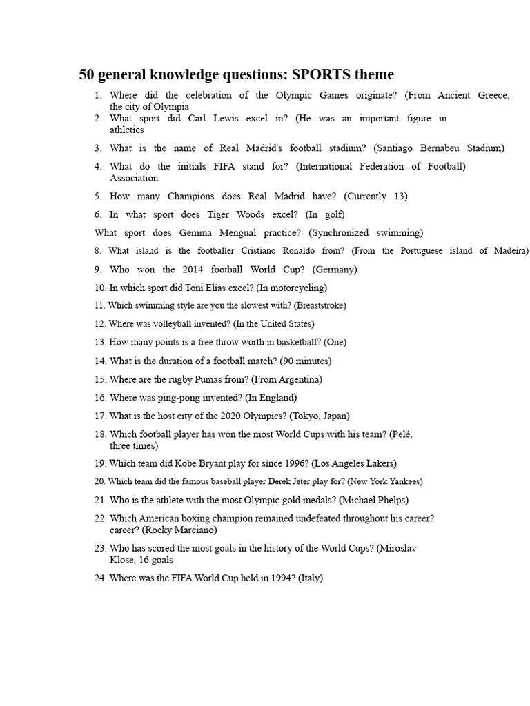 50 Sports General Knowledge Questions | PDF | Sports
