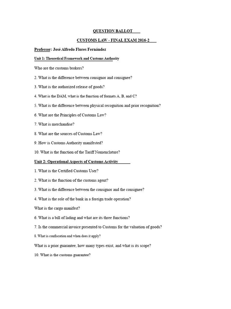 Customs Law Final Exam Questions 2016 | PDF | Customs | Taxes